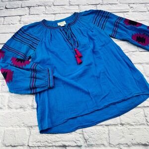 Maeve Womens Blue Boho Peasant Blouse Embroidered Tassel Top XS Lightweight